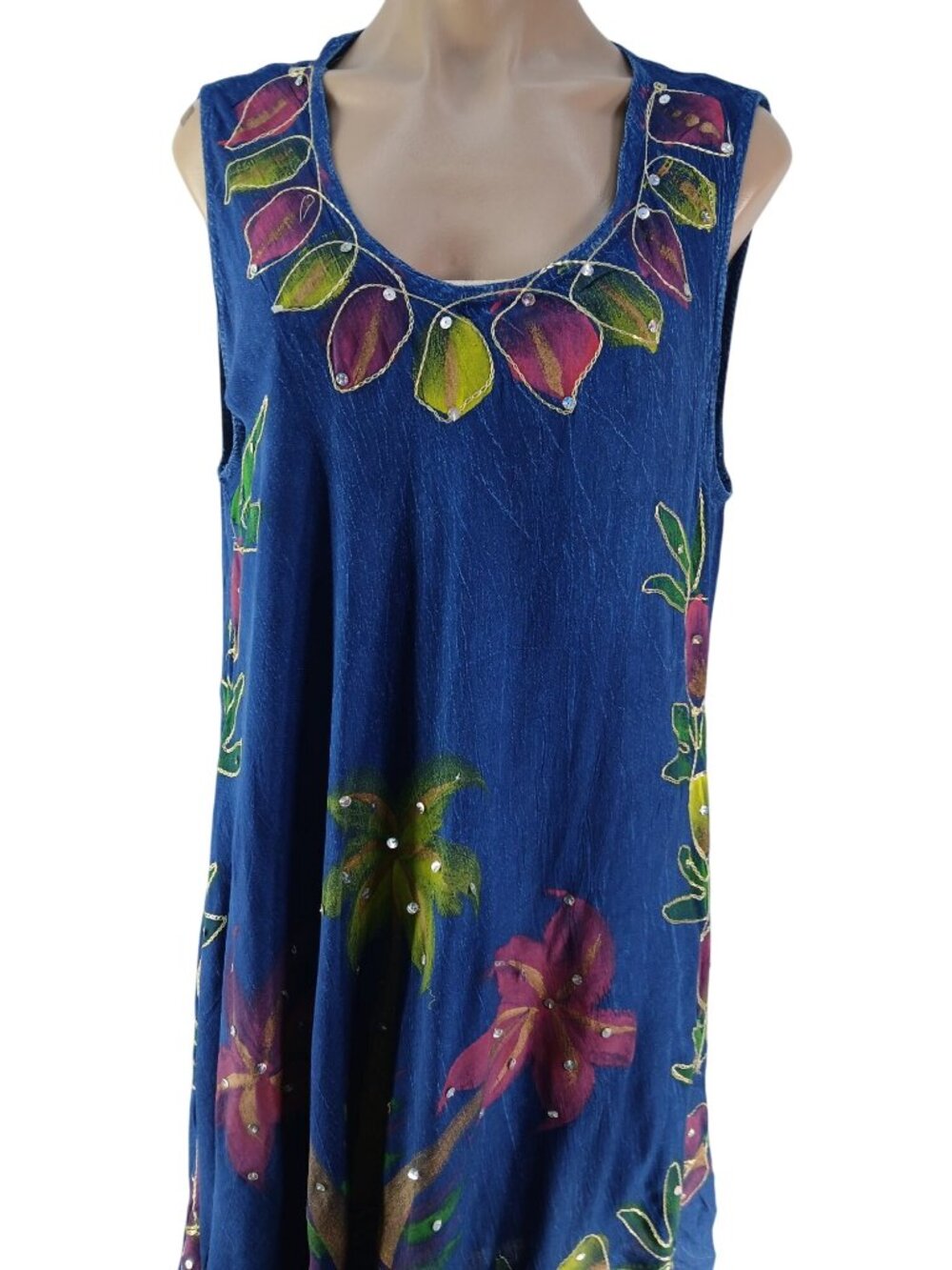 Riviera Sun Blue Hand Painted Floral Sleeveless Dress Size 2X Sequins Beachy - Picture 2 of 11